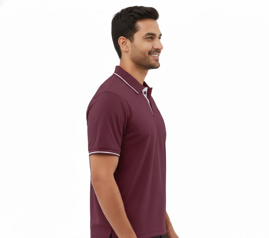 Men's Premium Maroon Solid Polo T-Shirt | Classic Regular Fit with Tipped Collar & Sleeves