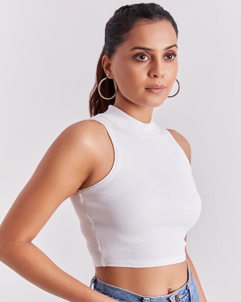 White Sleeveless Slim & Fit Crop Top for Women