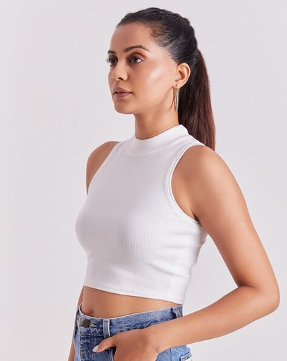 White Sleeveless Slim & Fit Crop Top for Women