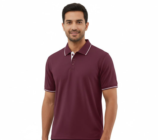 Men's Premium Maroon Solid Polo T-Shirt | Classic Regular Fit with Tipped Collar & Sleeves